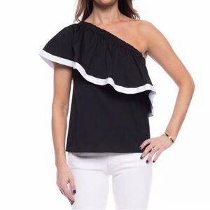 Milly Black One-Shoulder Ruffle Blouse with White Trim Sz S